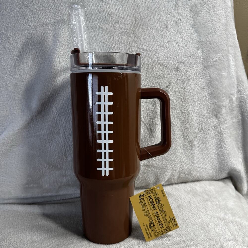 Robert Stanley NEW Football Stainless Steel 33.5 oz. Tumbler With Straw Brown